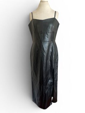 RIHOAS Black Faux Leather Midi Dress NWT Size Large Adjustable Straps Slit